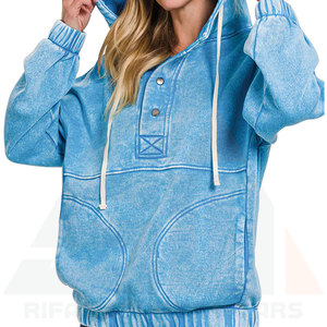 <b>Women</b> Winter Terry Acid Wash Pullover <b>Hoodies</b> Front Logo Option Sky <b>Blue</b> Color High Quality Bulk Orders - Product Image 1