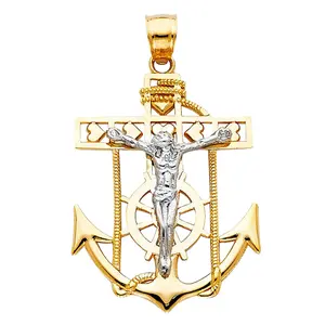 14k Jesus Mariner Two Tone Gold and Silver plated Unique design Crucifix Anchor Charm Pendant