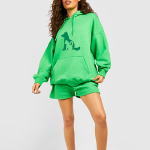 Conjunto Deportivo de Dos Piezas para Mujer, Sudadera con Capucha de Felpa y Pantalones Cortos, 100% Algodón, Color Sólido, para Gimnasio, Ejercicio, Invierno - Product Image 3