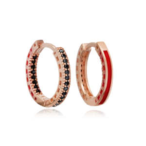 Boucles d'oreilles créoles élégantes en argent sterling 925 plaqué or avec zircon noir 15 mm et émail rouge pour soirée - Product Image 5