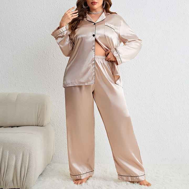 Women's Plus Size 2pcs Sleepwear Sets Long Sleeve Satin Pajamas Buttons Solid Full-Length Pants Simple Nightwear Lounge Outfits