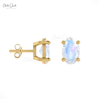 Boucles d'oreilles clous en pierre de lune arc-en-ciel naturelle, or massif 14 carats, taille ovale 6x4mm, pierre de naissance de juin, bijoux fins, fournisseur en gros