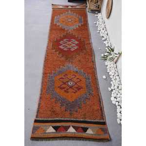 "วินเทจพรมตุรกี kilim 2.8x9.9ฟุตพรมขนสัตว์เย็บปะติดปะต่อกันสีส้มและสีแดงกับน้ำยางด้านหลัง" - Product Image 1