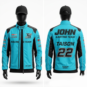 Veste de karting softshell en polyester premium 300 GSM, couleur teal et noir, design à panneaux contrastés, tissu respirant, logo personnalisé par sublimation. - Product Image 1