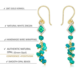 Pendientes de racimo de cuentas de ópalo verde natural para mujer en plata de ley 925, joyería hecha a mano con piedra natal rellena de oro amarillo - Product Image 2