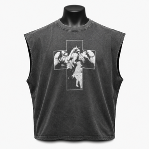 Camiseta sin mangas gótica para hombre, de algodón, con cuello redondo, diseño de cruz y ángel estampado, logotipo frontal - Product Image 1