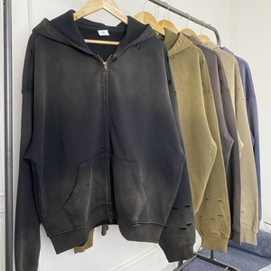 เสื้อฮู้ดดี้สตรีทแวร์ผ้าเฟรนช์เทอร์รี่เนื้อหนัก 420GSM แบบย้อมสีเอซิดวอช แต่งลายปักซันเฟด ซิปคู่ ปรับแต่งได้ สำหรับผู้ชาย (OEM) - Product Image 1