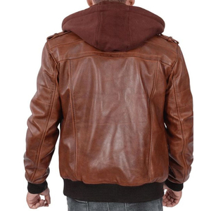 Veste en cuir à capuche marron pour hommes Two Way Style Zip Multiple dernières poches Design Vestes en cuir véritable - Product Image 5