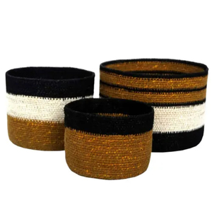 Ensemble de 3 paniers de rangement en jonc de mer tressé style bohème avec rayures brunes et blanches, panier multi-usage pour la maison et le salon - Product Image 1