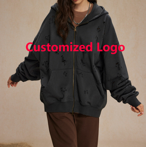 Sweats à capuche pour hommes personnalisés Sun Faded Distressed Hole Acid Wash Zip up Hoodie Design Cropped Hoodie Wash Faded Flow Shoulder - Product Image 3