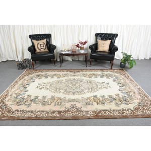 Vintage Turkish Rug Beige <b>Brown</b> 6.6 X 9.8 ft Classic Large Area Patchwork Pattern <b>Wool</b> Material Latex Backing for Teens Hallway - Product Image 1