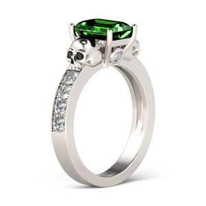 Jeulia Men's Rhodium Plated Sterling <b>Silver</b> Two Skull <b>Ring</b> with <b>Emerald</b> Cut Diamond - Product Image 1