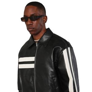 <b>Men's</b> High Quality Stand Collar Genuine Leather <b>Jacket</b> <b>Long</b> Winter Coat in <b>Black</b> And White New Design For Motorcycles - Product Image 3