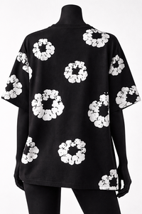 T-shirt pour femmes de qualité supérieure, noir, imprimé floral, coton, coupe ample, décontracté, streetwear, col rond, manches courtes - Product Image 2