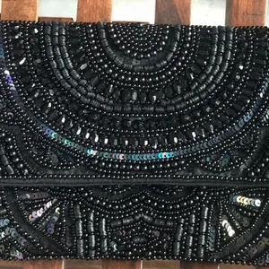 Black Seed Beaded Evening Clutch Purse With Hand Embroidered Beads With Detachable Chain