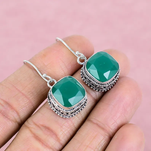 Faceted <b>Green</b> Onyx Gemstone 925 Sterling Silver Handmade Drop Dangle Vintage Hoop <b>Earrings</b> for Women Birthday Gift Bulk - Product Image 2