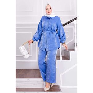 Ensemble deux pièces indigo pour femme avec haut à taille ajustable et pantalon en crêpe ample, tailles XS-XL, tenue de sport avec ceinture - Product Image 1