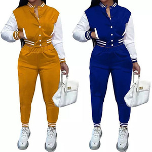 Survêtement universitaire pour femmes couleur bloc deux pièces ensemble à la mode solide Baseball uniforme hiver veste ensemble printemps automne tenue - Product Image 6