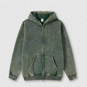 Tissu en coton haute gsm hommes Double couche lavage à l'acide soleil délavé sweat à capuche en détresse impression Vintage sans chaîne Zip ODM approvisionnement - Product Image 3