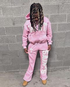 Custom Track Suit Set Hoodie and Flared Sweatpants Sets Jogger Sweatsuit <b>Applique</b> Embroidery Patch Men Distressed Tracksuits - Product Image 3