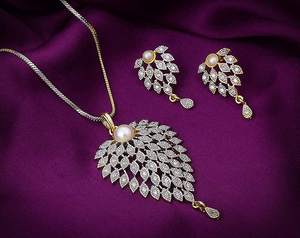 Indian Stainless Steel Brass AD CZ Gold <b>Silver</b> Plated Leaf Design <b>Long</b> Pendant <b>Earrings</b> Wedding Anniversary Parties Steel Leaf - Product Image 2