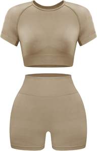 Conjunto de entrenamiento de 2 piezas acanalado sin costuras para mujer, Top corto de manga corta, pantalones cortos de Yoga de cintura alta, Material de algodón para el gimnasio diario - Product Image 5