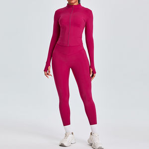 Logo personnalisé pour femmes Activewear Yoga Set Soft Running Veste à glissière à manches longues avec leggings respirants pour les entraînements de gymnastique - Product Image 1