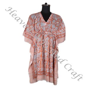 100% algodón Mujer ropa de dormir bloque de mano impreso Kaftan vestido KFCS166 peso ligero mujeres Casual ocasión desgaste corto caftán vestido - Product Image 4
