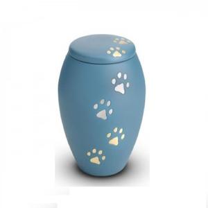 Urnas para mascotas de cremación de aluminio de alta calidad con estampado de patas urnas funerarias de metal con acabado de Peltre y azul cielo para cenizas humanas - Product Image 1
