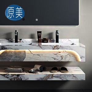 Pierre frittée double évier sans couture mur suspendu marbre salle <span class=keywords><strong>de</strong></span> bain armoire éclairage LED conception vanité lavabo <span class=keywords><strong>pour</strong></span> hôtel - Product Image 3