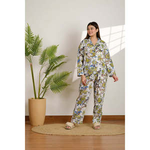 Ensemble pyjama doux tissé à imprimé floral et motif oiseau, respirant, taille élastique, boutonné, personnalisable, vêtements d'intérieur de nuit, 2 pièces, manches longues, 3D - Product Image 3