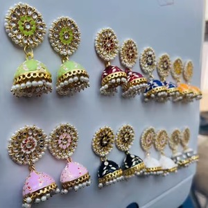 Pendientes étnicos tradicionales Meenakari, joyería, recuerdo de fiesta, aro de perlas Kundan, Jhumka, pendientes de novia indios paquistaníes, suministros - Product Image 4