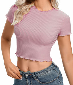 T-shirt court avec logo personnalisé de haute qualité, hauts pour femmes, haut moulant décontracté pour femmes, vente en gros en usine - Product Image 5