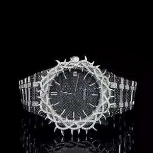 Montre sport analogique mécanique en acier inoxydable avec diamant moissanite noir personnalisé, exclusive, unisexe, luxe, glacée, hip hop, verre - Product Image 3