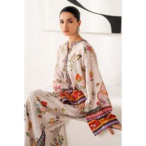 <b>Women's</b> White Embroidered Chiffon Raw <b>Silk</b> Suit Set with Shirt and <b>Trouser</b> Accessories PR-1163 - Product Image 6