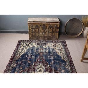 Alfombra Vintage de 4.2x7.6 pies (128x233 cm), Alfombra Turca Azul con Diseño Floral - Product Image 4