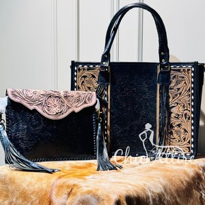 Offre Spéciale à la main en cuir noir Floral grand sac fourre-tout et à la main en cuir gaufré frange enveloppe sac Combo ensembles pour les femmes - Product Image 1