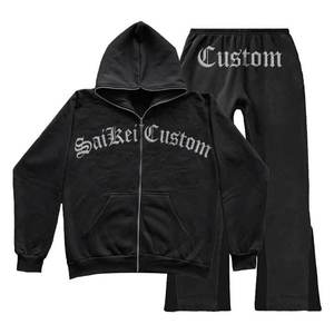 Ensemble survêtement homme personnalisé brodé et imprimé de haute qualité : sweat à capuche zippé et pantalon de jogging évasé en coton avec logo - Product Image 1