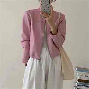 Automne femmes décontracté court Faux cuir Pu veste à manches longues motard col montant manteau respirant toile solide uni teint - Product Image 1