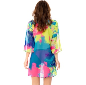 Túnica de playa corta con cuello en V profundo de maternidad, hermoso estampado translúcido, mangas Quatre bordadas a mano de una pieza de colores brillantes - Product Image 2