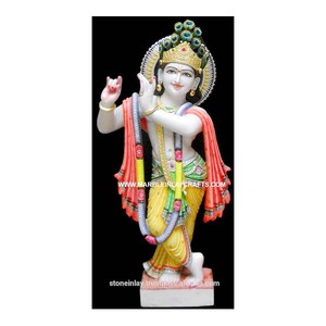 Estatua de Krishna en Mármol Blanco Pintada a Mano, Exclusiva, Exportador Indio, Culto Hindú, Hecha a Mano, Alta Calidad, Colorida - Product Image 1