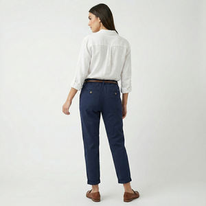 Pantalon droit en coton à taille mi-haute avec ceinture, décontracté, couleur délavée - Product Image 2