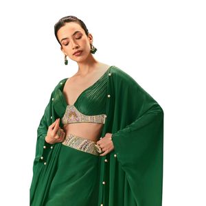 Màu xanh lá cây Ruched blouse với diềm Xếp Nếp Palazzo sharara và dupatta cho bên đám cưới Lễ Hội Indo phương Tây Dịp mặc - Product Image 4