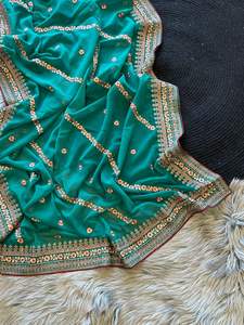 Hermoso Sari Georgette tradicional con hilo de viscosa Trabajo hecho a mano Diseñador de bordes Ropa de fiesta Sari Hecho de Bodas de seda - Product Image 4