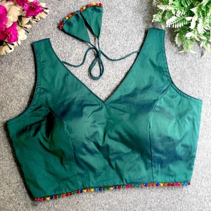 Blouse has plain with beautiful colourful moti work <b>lace</b> V-Neck Blouse material heavy banarasi silk with 10 inch sleeve attched - Product Image 1