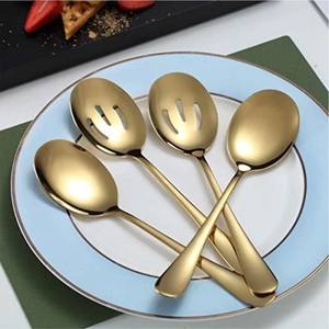 Cuillères de service dorées modernes, lot de 4 |   Grand ensemble d'ustensiles de buffet en métal |   Ensemble de cuillères de service de qualité professionnelle pour la restauration - Product Image 1