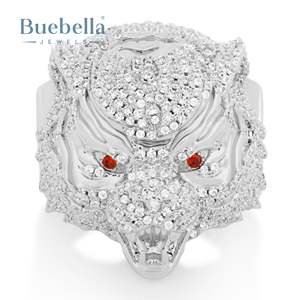 Anillo de diamantes de moissanita totalmente helado de lujo de 28mm, estilo Tigre, anillo único de Plata de Ley 925 para hombres, Ojos de diamantes de color rojo - Product Image 5