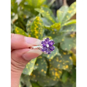 Bague florale en argent 925 avec améthyste naturelle, plaqué or rose et or 18 carats, incrustation tendance en forme de lune, certifiée IGI, bijou cadeau - Product Image 2