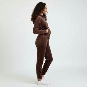 Custom Wholesale High Quality Chocolate <b>Brown</b> Velvet <b>Tracksuit</b> Y2K Streetwear <b>Women</b> Cropped Hoodie Skinny Jogger Knee Two Piece - Product Image 5