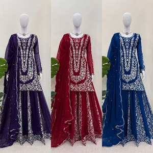 Costume 3 pièces en lin brodé robe traditionnelle pakistanaise pour femmes vêtements ethniques mode culturelle Shalwar Kameez tenue artisanale - Product Image 1